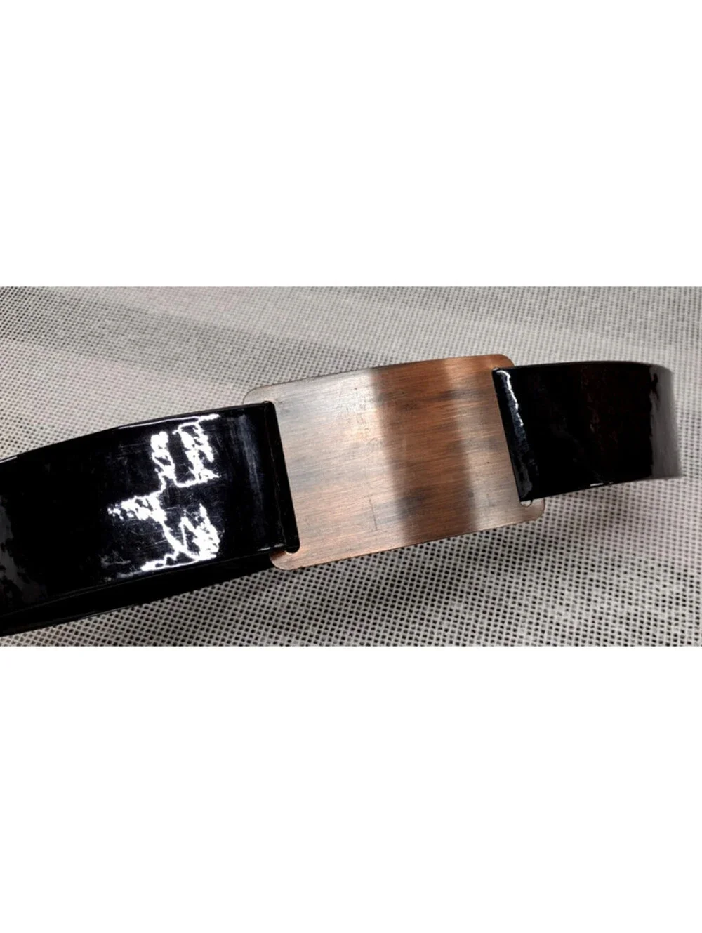 Black Patent Leather Belt Cinch Waist 28 Mod Pleather Vinyl Copper Wide Buckle